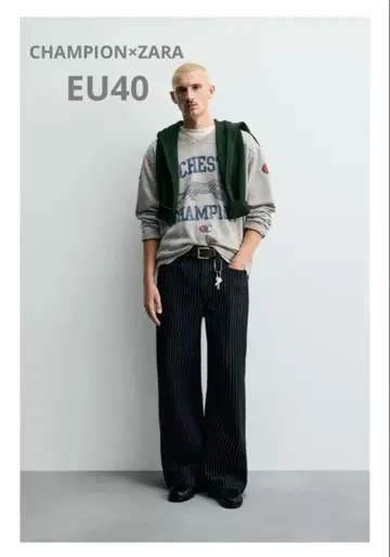 완판템 CHAMPION x ZARA 스트라이프 배기 핏 청바지 EU40