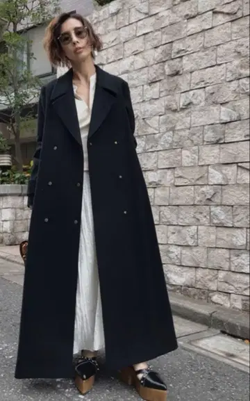 Ameri/BELT FLARE LONG COAT BLACK S