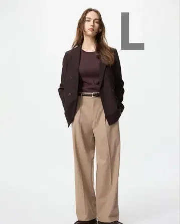 유니클로 턱 와이드 팬츠 미사용 새상품 사이즈 L 베이지