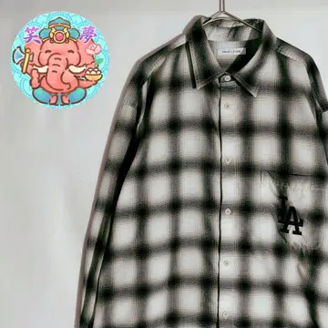 옴브레 체크 셔츠 블랙 x 그레이 자수 로고 M 사이즈