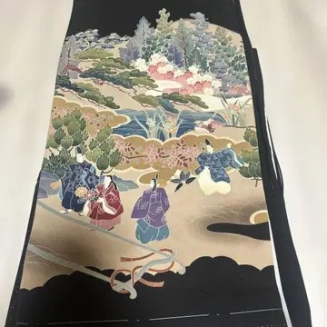 블랙 전통 예복 기모노 풍경화 꽃무늬 실크