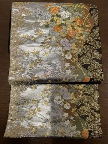 꽃무늬 후쿠로 오비 럭셔리 금실 자수 실버 블랙