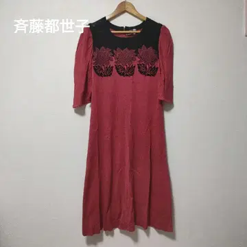 사이토 토요코 꽃무늬 자수 빨간색 A라인 원피스 7부 소매
