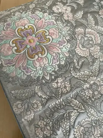 후쿠로 오비 양화 사라사 블루 그레이 꽃무늬 자수 순수 실크