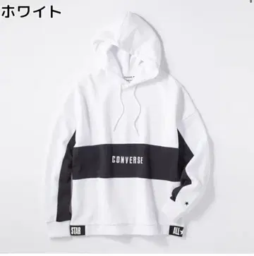 CONVERSE 후드 부착 후드티 L 화이트/블랙