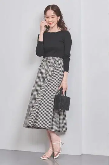 UNITED ARROWS 블랙 체크 무늬 롱 원피스