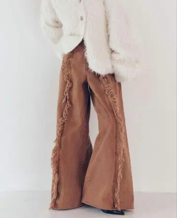 Andequal wide fringe denim pants BROWN