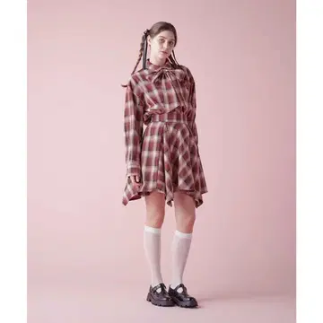 Fint 빅 리본 타이 체크 셔츠 랜덤 헤밍 체크 미니 스커트