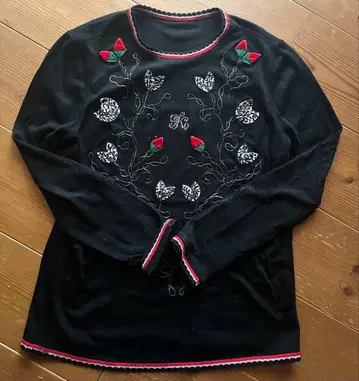 이타리야 딸기 무늬 자수입 긴팔 니트 블랙 컬러, 모 100%