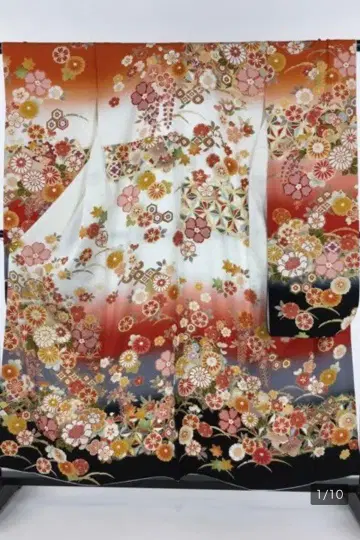 화려한 후리소데 빨간색과 검은색 꽃무늬 순수 실크