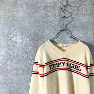 TOMMY GIRL 니트 아이보리 V넥 리브 소매 스웨터 숏 기장