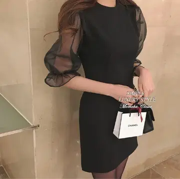 소매 시스루 퍼프 슬리브 원피스