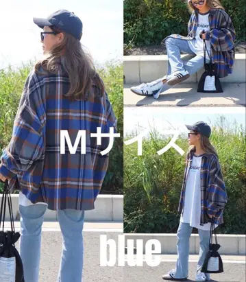 시마무라 nozomi 콜라보 두꺼운 소재 체크 셔츠 블루 M 사이즈