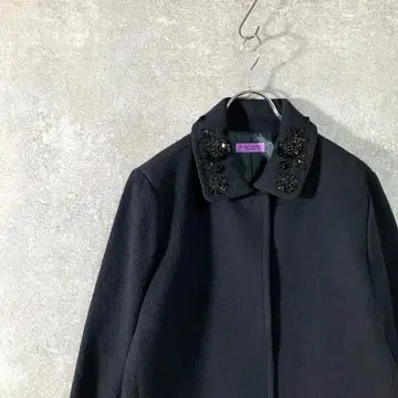 KAZUYO NAKANO 컬러 코트 네이비 롱 비즈 코사지