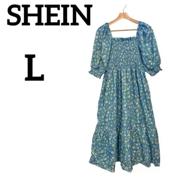 새상품급 SHEIN 꽃무늬 블루 롱 원피스 L 여성용 반팔