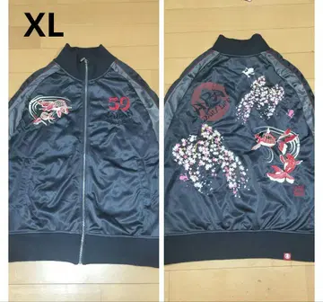 스카잔 일본풍 패턴 자수 빈티지 디자인 트랙 자켓 Y2K 그레이 블랙