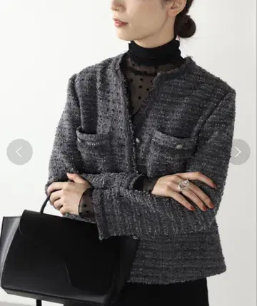 IENA 팬시 트위드 노카라 프린지 자켓
