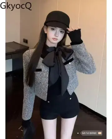한국 스타일 그레이 트위드 자켓 하이웨스트 숏팬츠 겨울 의류