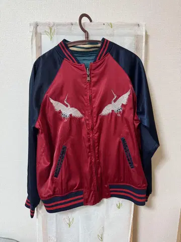 ZARA 리버서블 자수 블루종 학 패턴 레드 x 그린 광택 소재