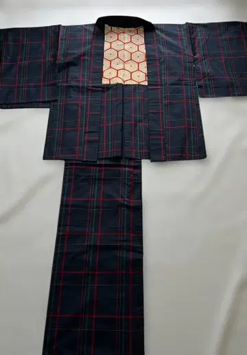 명주 이중 기모노 앙상블 중고 안감에 얼룩 있음