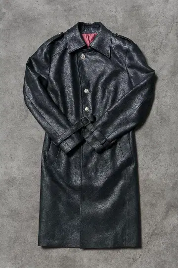 블랙 가죽 엠보싱 롱 코트 아카이브 빈티지 레어