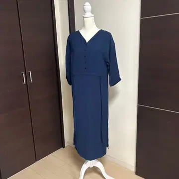 네이비 셔츠 원피스 7부 소매 허리 리본 포함