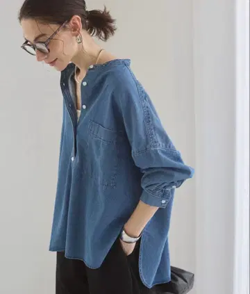 ANGIE 오버 사이즈 밴드 카라 데님 셔츠 블루