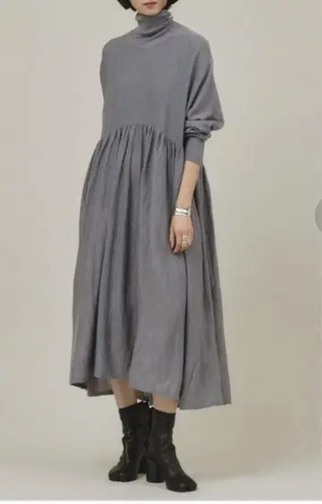 울 하이넥 개더 원피스 캘런솔로지