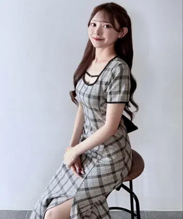 NOMAE 체크 백리본 롱 원피스 그레이