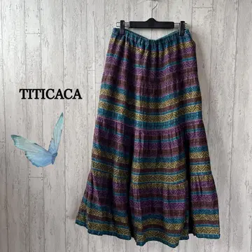 티티카카/롱 플레어 스커트/에스닉 패턴/허리밴딩/절개 3단/F