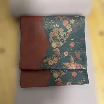 꽃과 나비 자수 후쿠로 오비 파랑과 빨간색