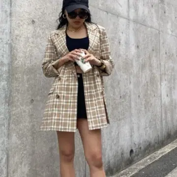 오버 체크 무늬 더블 자켓