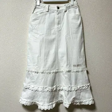 핑크하우스 화이트 데님 레이스 장식 A라인 스커트 레이스 종아리 기장