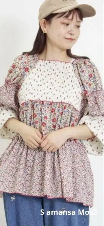 사만사 모스모스 SM2 꽃무늬 패치워크 블라우스 F 소매 벌룬 슬리브