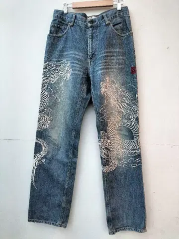 카라쿠리타마시 데님 총 자수 룡 승천 크레이프 원단 절개 W32