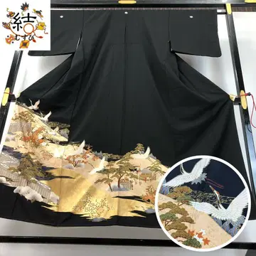 MK-1753 블랙 전통 예복 기모노 비상 학 꽃 무늬 금채