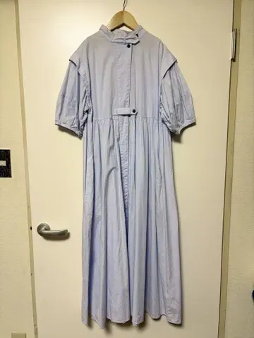 스카이블루 셔츠 원피스 반팔 롱 기장