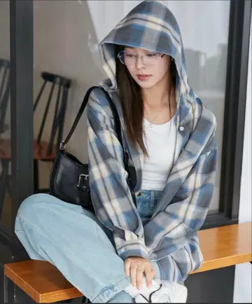 WEGO 위고 후드 체크 BIG 셔츠 색스 블루