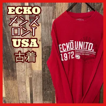 에코 남성용 긴팔 티셔츠 레드 M 프린트 USA 구제 의류 90s