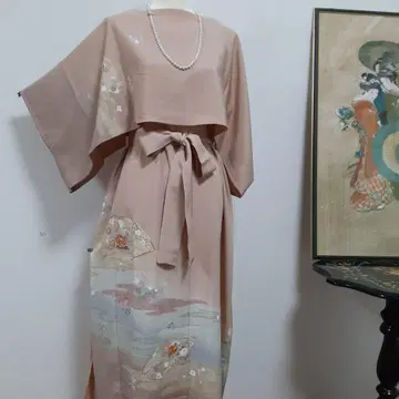 리메이크 기모노 롱 원피스 볼레로 포함 L - 2L 순수 실크