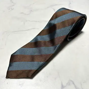 새상품급 유니버설 랭귀지 넥타이 이탈리아제 원단 브라운 스트라이프 청록색