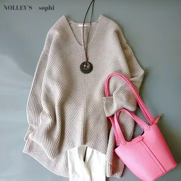 노리즈 소피 긴팔 울 스웨터 울 100% V넥 꽈배기 짜임