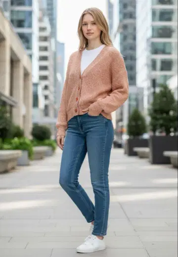 오렌지 버튼 니트 가디건