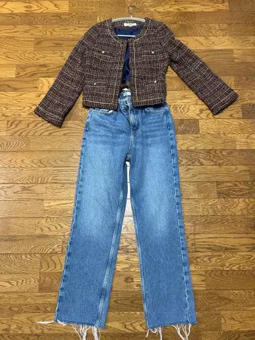 가을 코디 내추럴 뷰티 트위드 자켓과 ZARA 데님 팬츠 세트