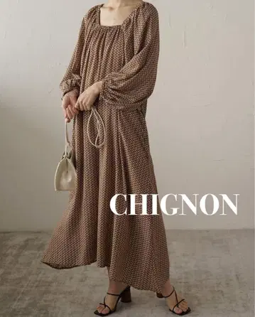 CHIGNON 시뇽 패턴 볼륨 소매 개더 롱 원피스