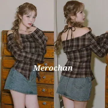 다리치 홀터 오프숄더 체크 셔츠 브라운
