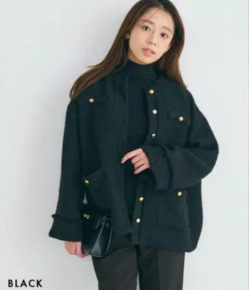 HARUKADESIGN 골드 버튼 트위드 블루종 블랙 베이스먼트