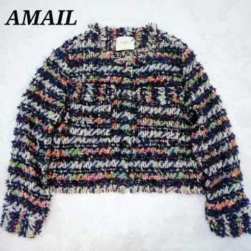 AMAIL 아마일 멀티 컬러 프린지 트위드 노카라 자켓