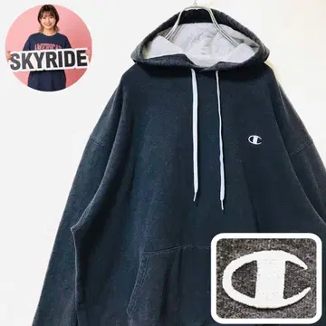 Y2K Champion 후드티 C 로고 자수 XL 블랙 빅 실루엣