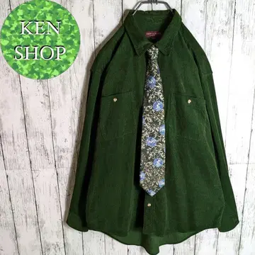 넥타이 셔츠 다크 그린 코듀로이 다마스크 무늬 빈티지 구제 의류